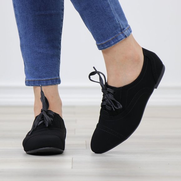 Black Faux Nubuck Lace up Flat Heel Oxford Style Shoes - Picture 10 of 12